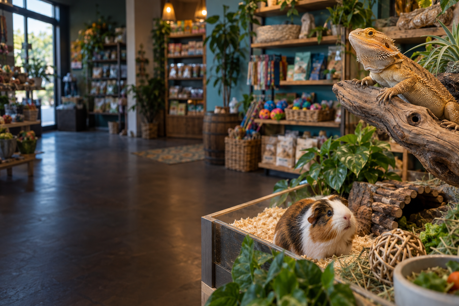 A welcoming pet store with a bearded dragon, guinea pig, and shelves of supplies